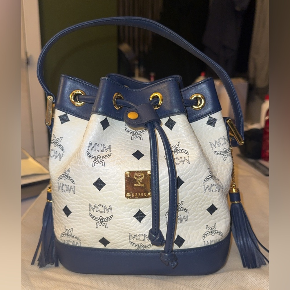 MCM Blue and White Bucket/Crossbody Bag